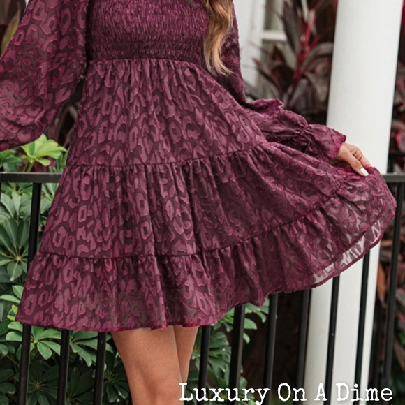 Leopard Print Dess Tiered Sheer Long Sleeve Babydoll Mini Playful Outfit - Picture 10 of 11